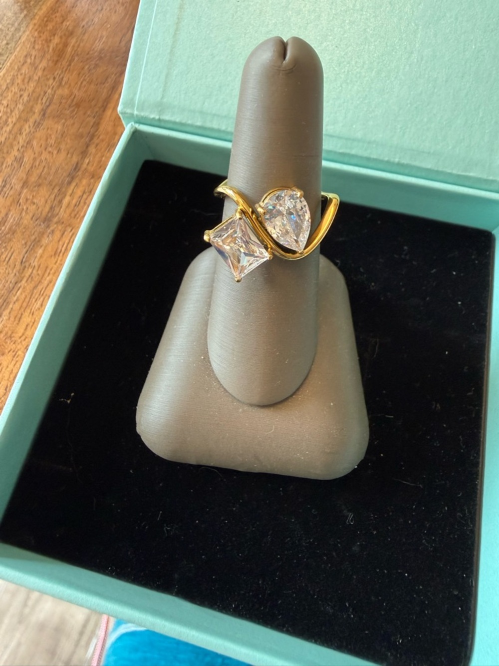 Gold Tone Pear and Princess CZ Open Band Ring - Clear/Gold